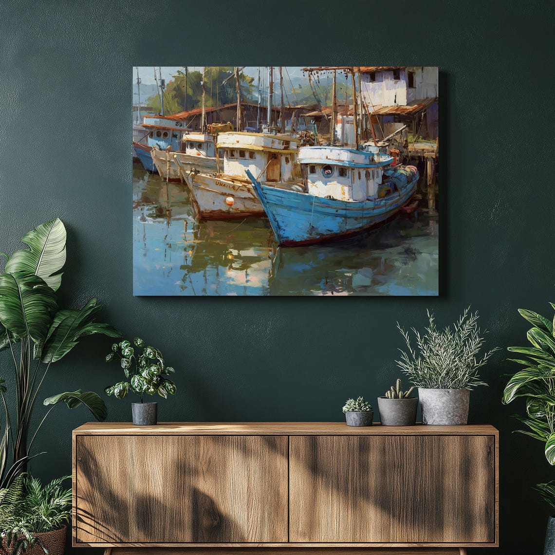 Harbor Fishing Boat Canvas Wall Art Nautical Coastal Print Dockside Decor Sea Dock Painting Rustic