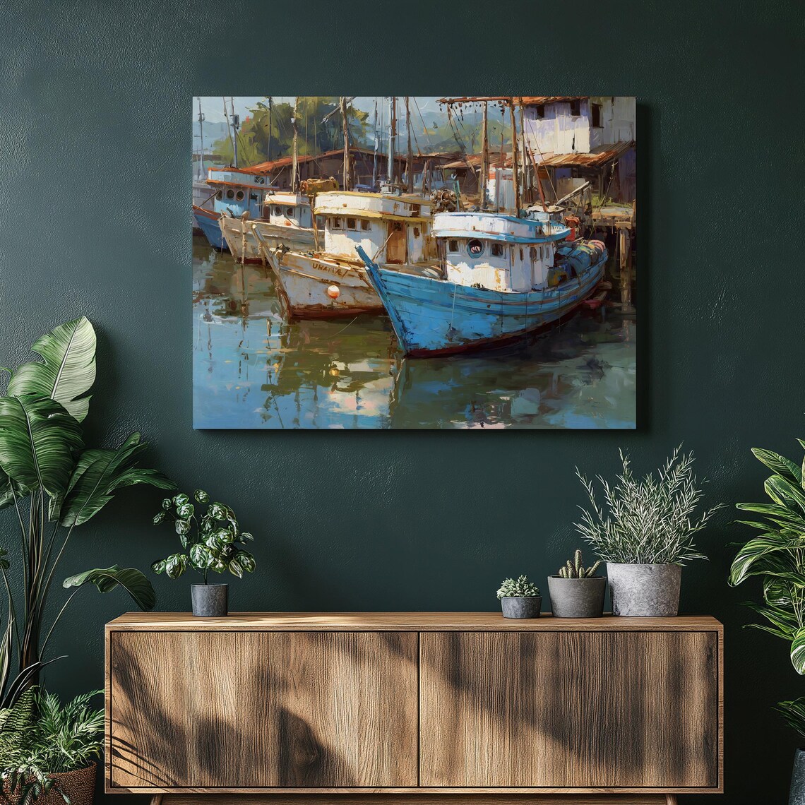 Weathered Fishing Boats Moored in a Quiet Harbor Oil Painting Poster
