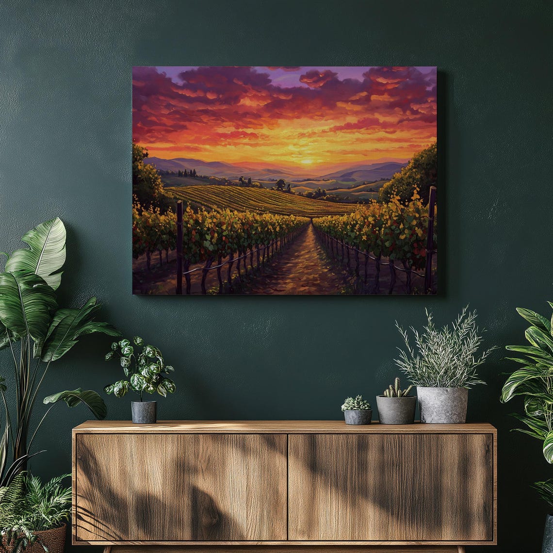Vineyard Sunset Poster Rows of Grapevines Under Fiery Evening Sky Art