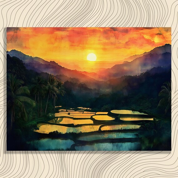 Tropical Sunset Rice Terrace Palm Trees Golden Water Mountain Poster