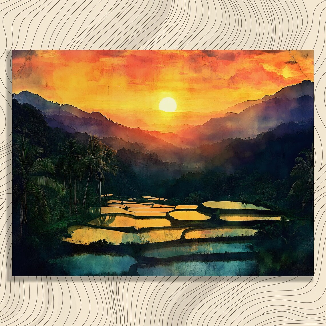 Tropical Sunset Rice Terrace Palm Trees Golden Water Mountain Poster