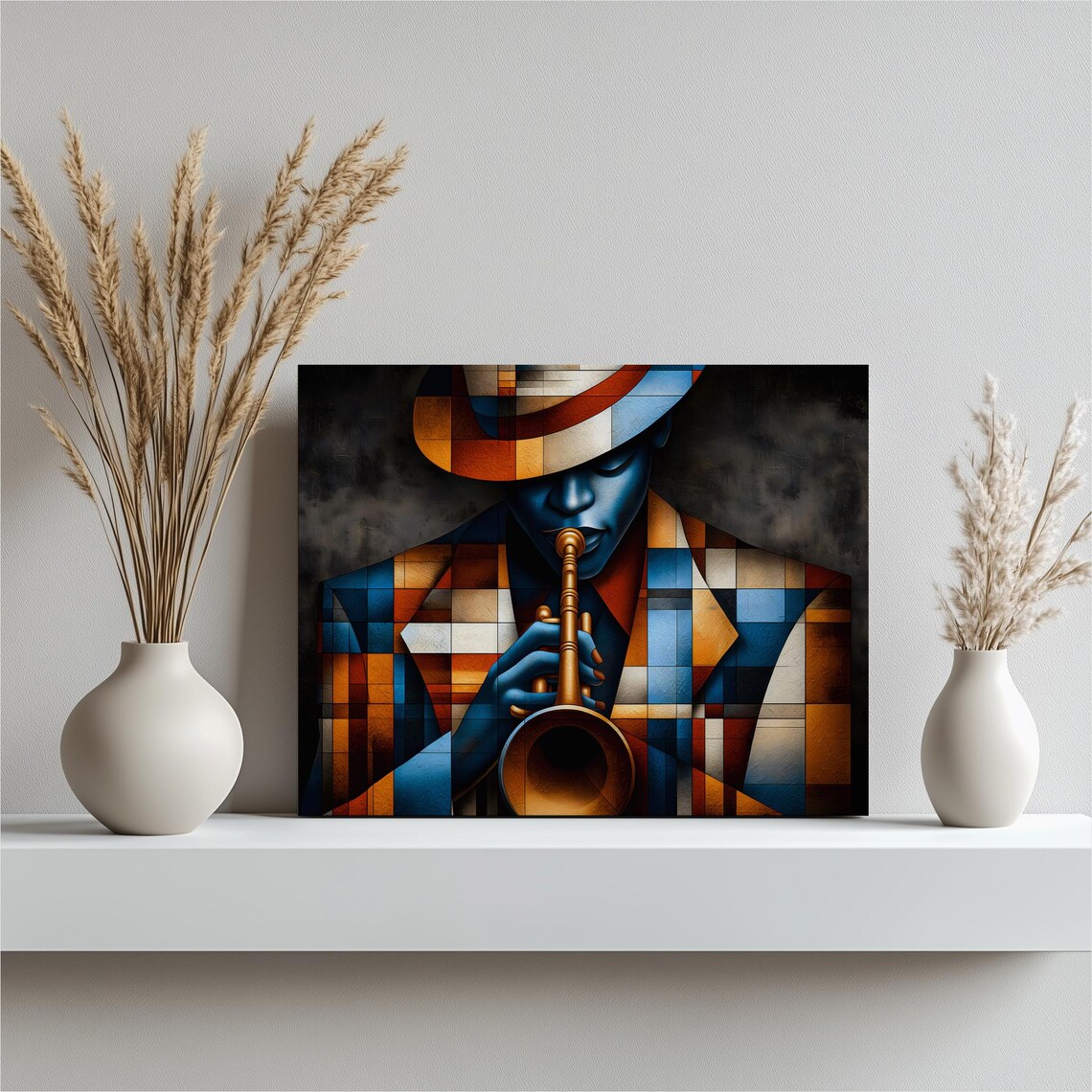 Geometric Jazz Trumpet Player Poster Blue Orange Abstract Musician
