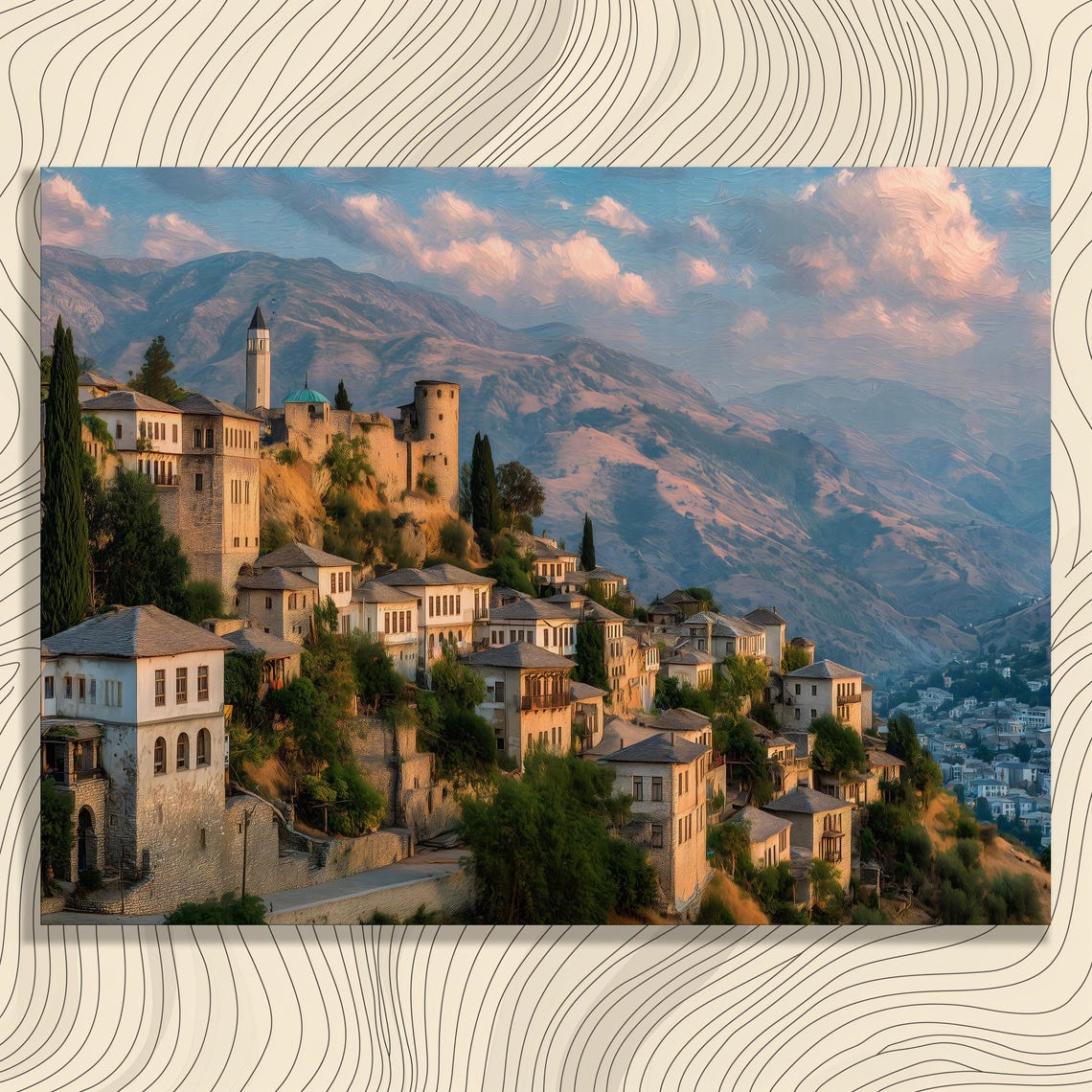 Hilltop Village Sunset Stone Castle Tower Old Town European Poster
