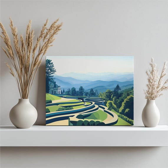 Terraced Mountain Landscape Canvas Wall Art Serene Blue Ridge View With Grand Chateau Gardens Modern Scenic Print For Nature Home Decor