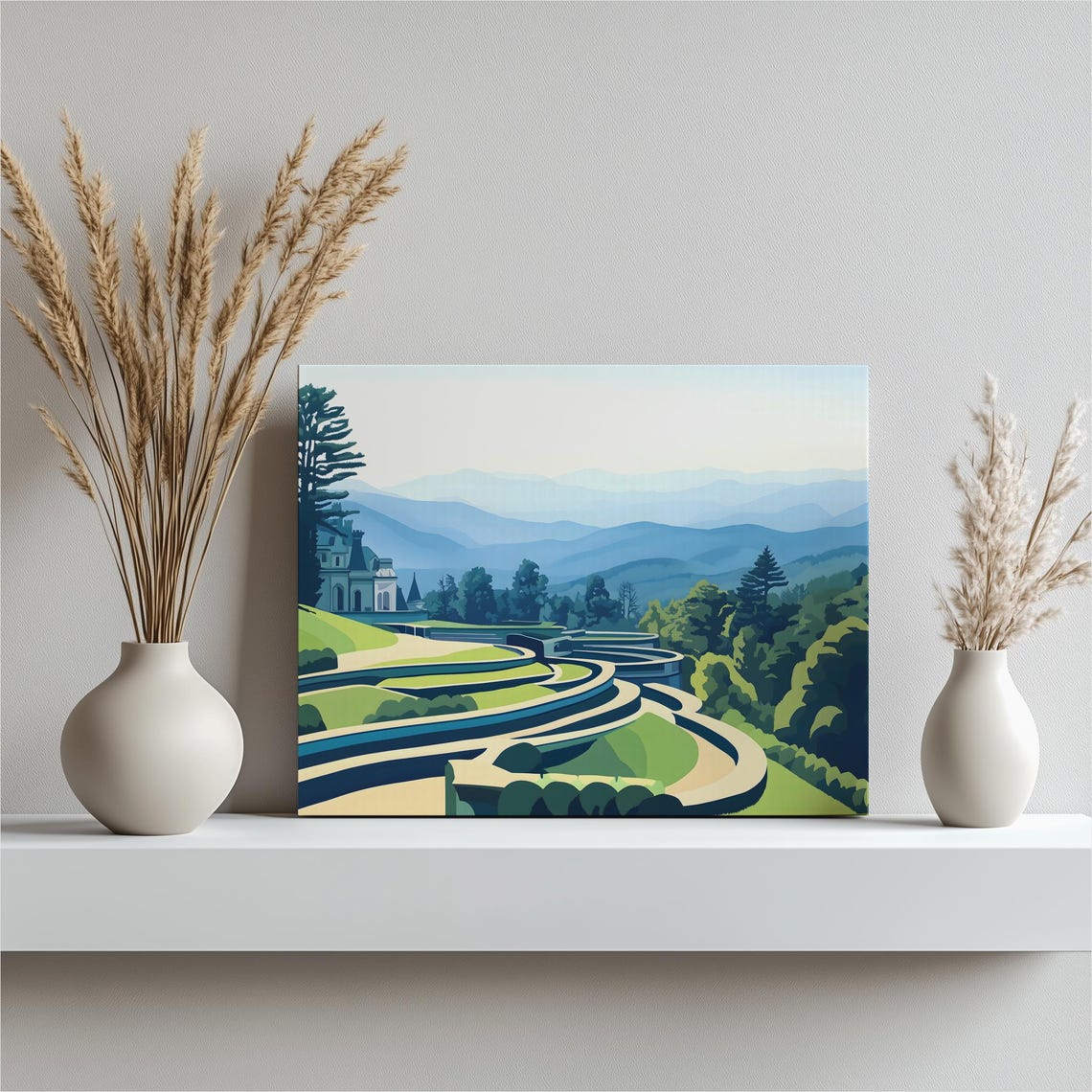 Terraced Rice Fields Hillside Temple Mountain Vista Wall Art