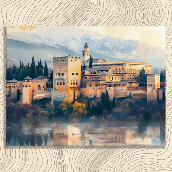 Historic Castle Mountains Canvas Wall Art Painting Landscape Print Water Reflection Historical Artwork Blue Beige Decor