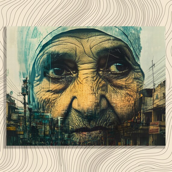 Soulful Elderly Woman Face Double Exposure Urban Street Poster