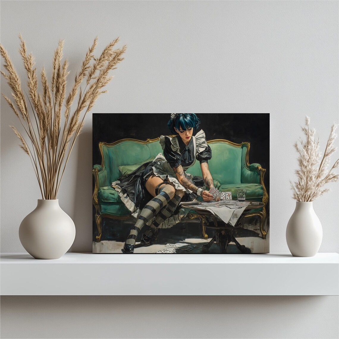 Anime Maid Girl Playing Cards Poster Dark Oil Painting Art Style