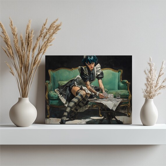 Anime Maid Girl Playing Cards Poster Dark Oil Painting Art Style