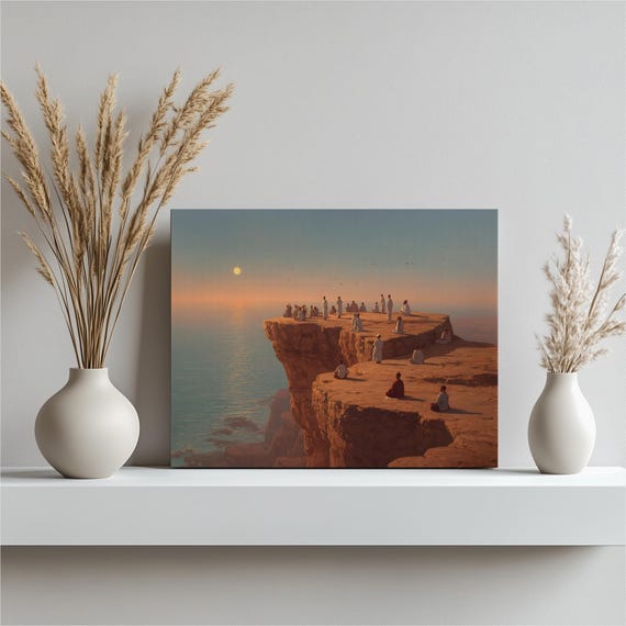 Sunset Ocean Cliff Canvas Wall Art Spiritual Seascape Print Modern Coastal Painting Cliffside Meditation Gift Landscape Decor
