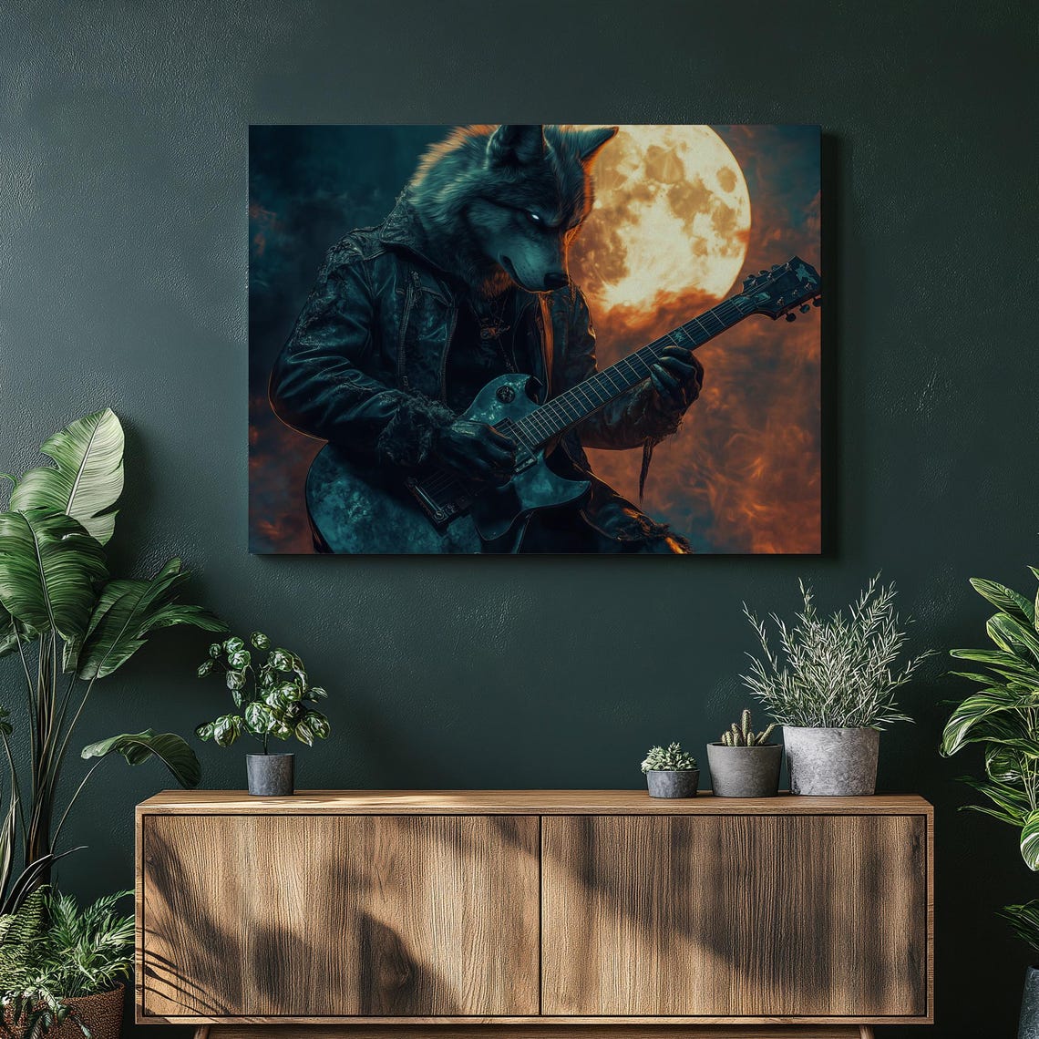 Wolf Rock Guitarist Leather Jacket Full Moon Concert Art Poster