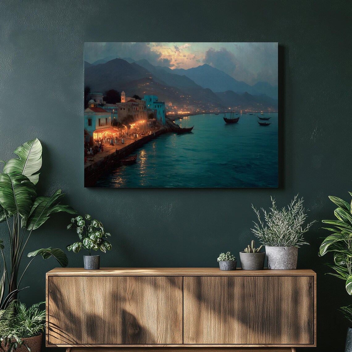 Romantic Mediterranean Harbor Blue Dusk Night Seascape Wall Art