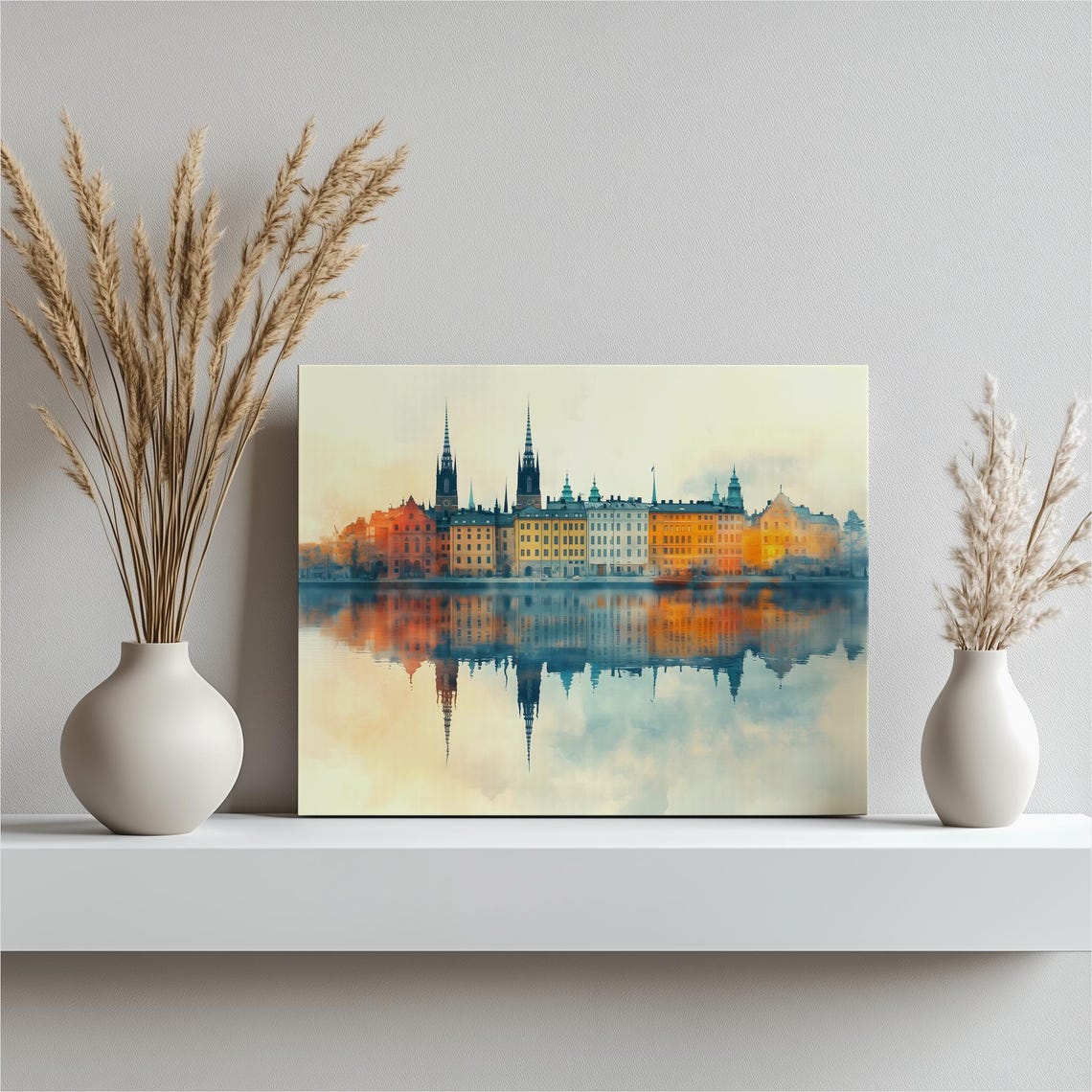 Stockholm Sweden Cityscape Canvas Wall Art Dreamy Gamla Stan Skyline Reflection Print For Scandinavian Decor Pastel Waterfront Scene