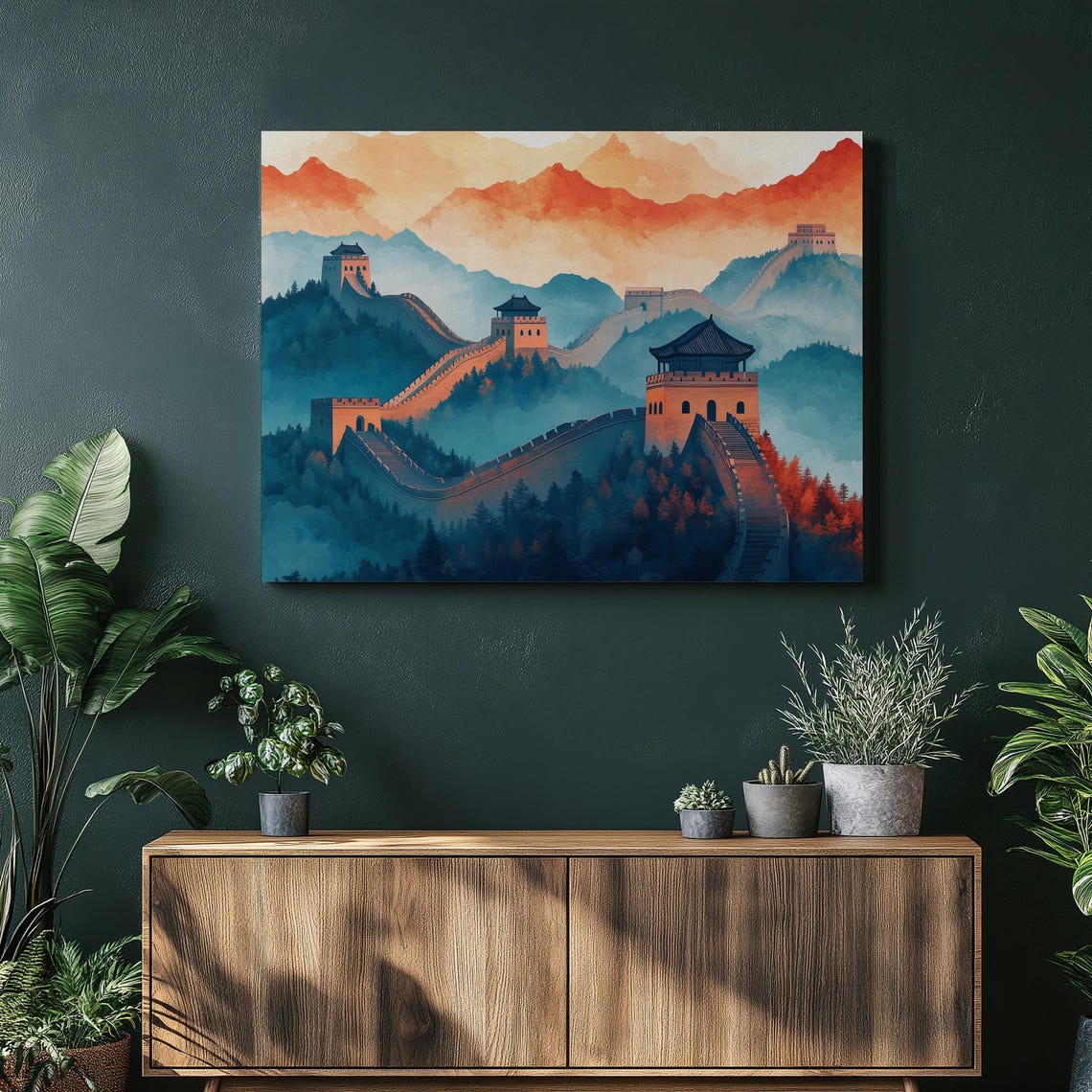 Great Wall of China Sunset Over Mountain Mist Painting Wall Art