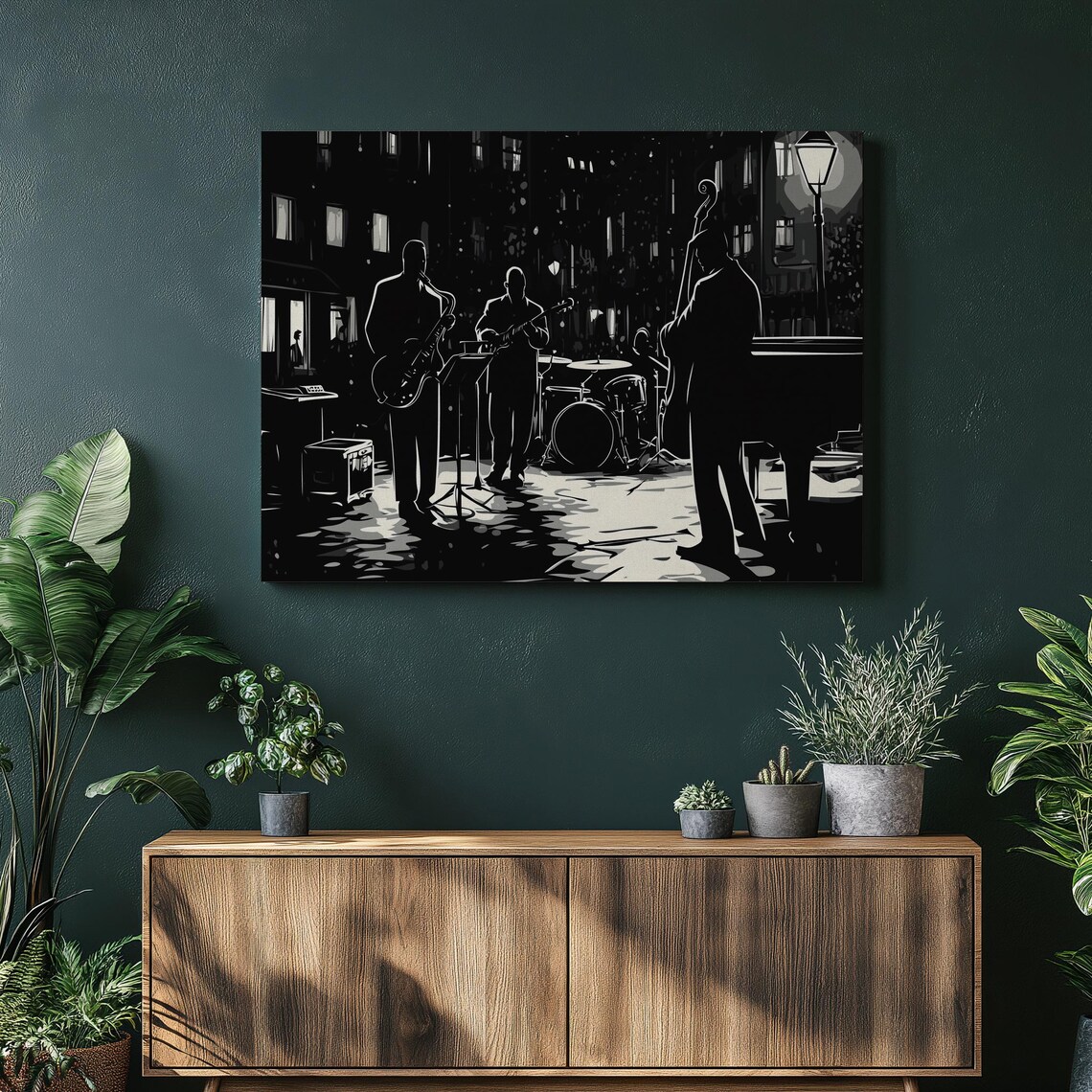 Jazz Quartet Night Street Black and White Music Club Art Poster