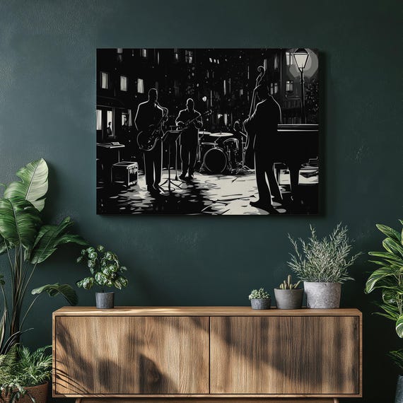 Monochrome Jazz Band Canvas Wall Art Black And White City Night Print Modern Music Decor For Home Living Room Rooms