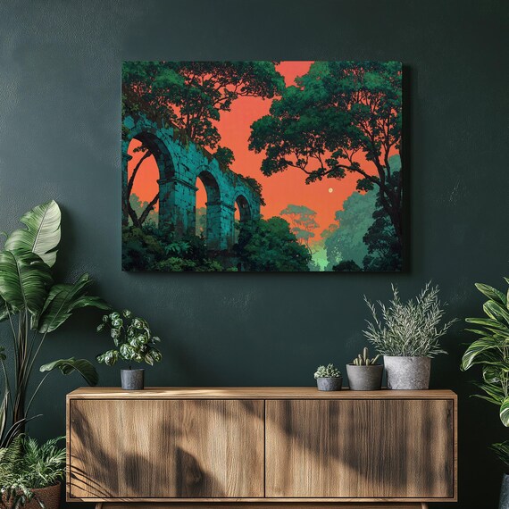 Jungle Ruins Ancient Aqueduct Sunset Orange Sky Lost World Art Print