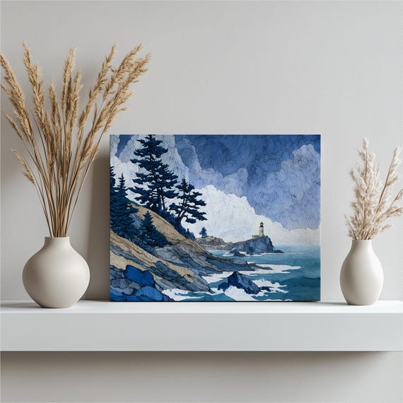 Modern Coastal Lighthouse Canvas Wall Art Nautical Ocean Waves Seascape Print Decor Painting Gift