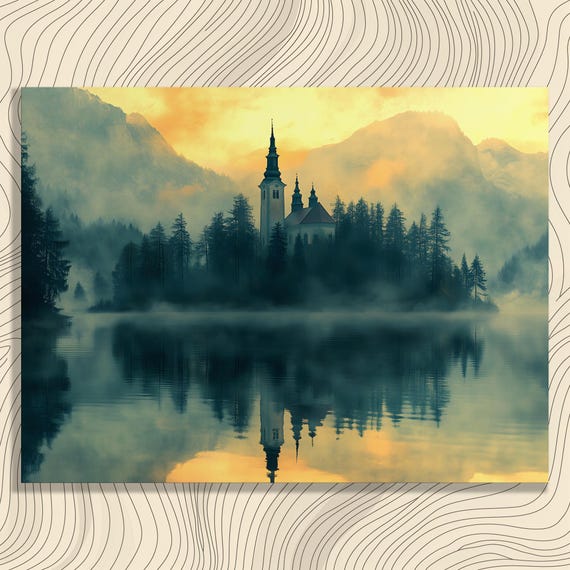Misty Lake Church Canvas Wall Art Vintage Landscape Painting Reflection Poster Print Home Decor Gift Nature For Lovers