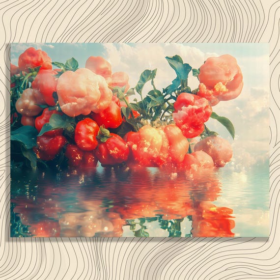 Surreal Red Peppers Canvas Wall Art Nature Decor Print Vegetable Green Foliage Water Reflection Modern Surrealism Contemporary