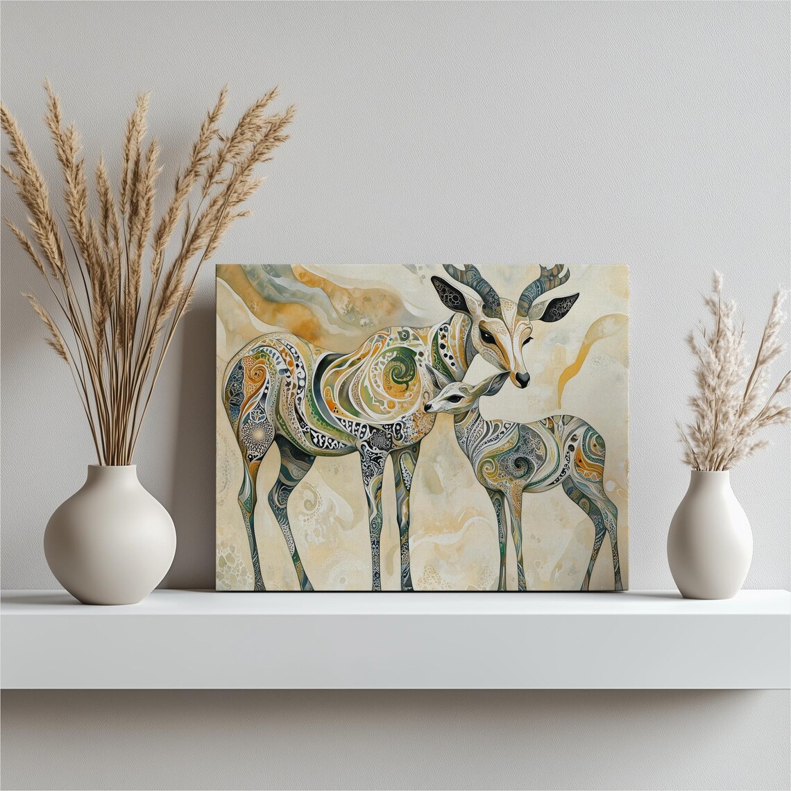 Antelope Mother and Young Paisley Watercolor Wildlife Art Print