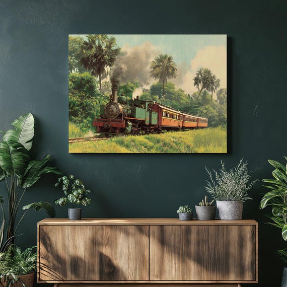 Tropical Steam Train Canvas Wall Art Vintage Locomotive Landscape Decor Palm Scenery Jungle Pastel Sky Countryside View Grassland Artwork