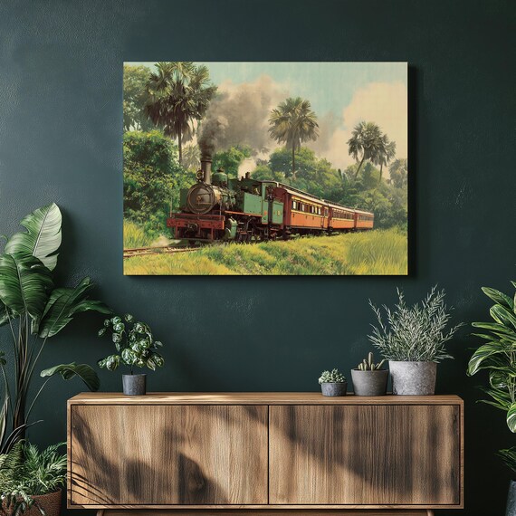 Vintage Steam Locomotive Jungle Railway Palm Trees Train Engine Poster