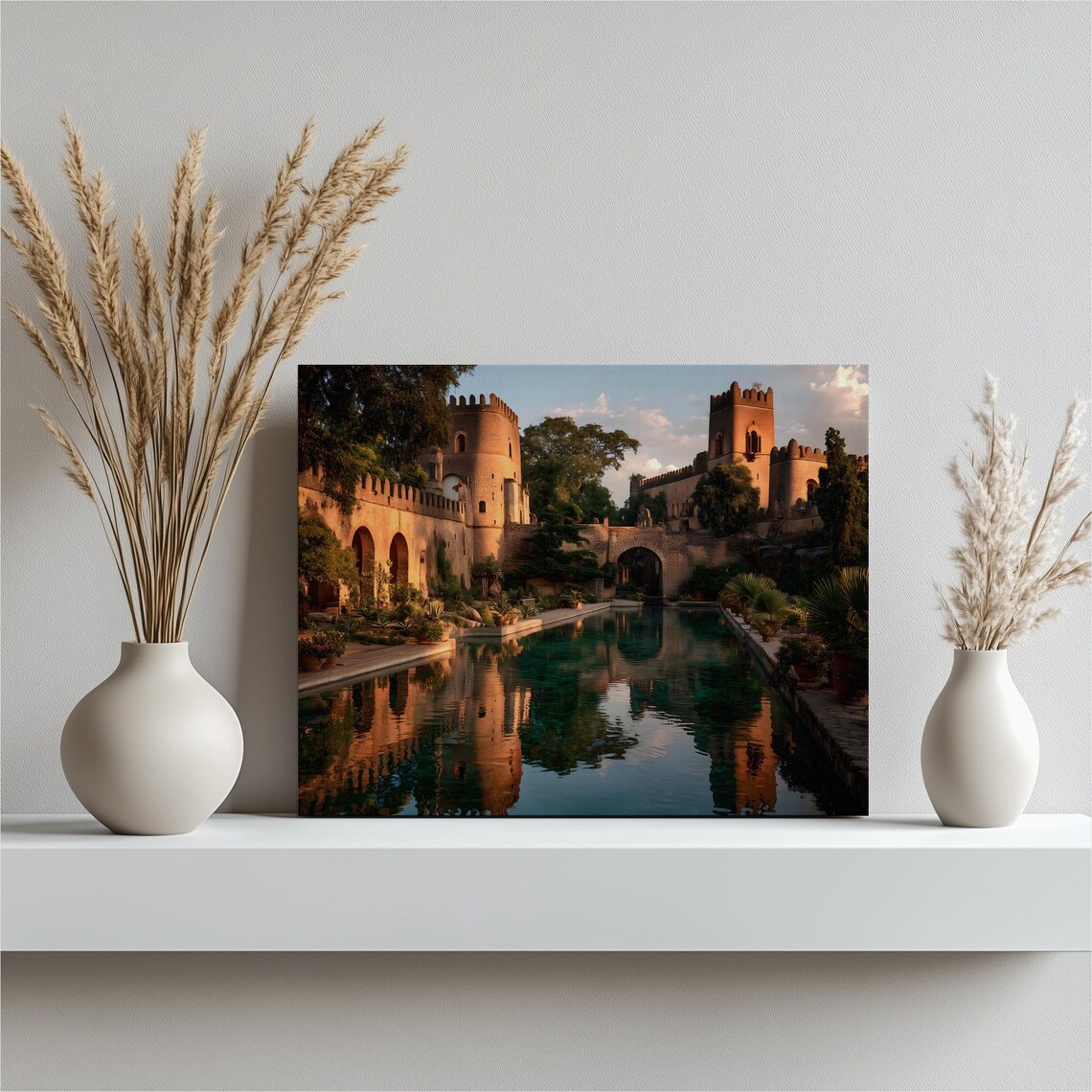 Stone Castle Over Mirror Lake Sunset Reflection Historic Fortress Poster