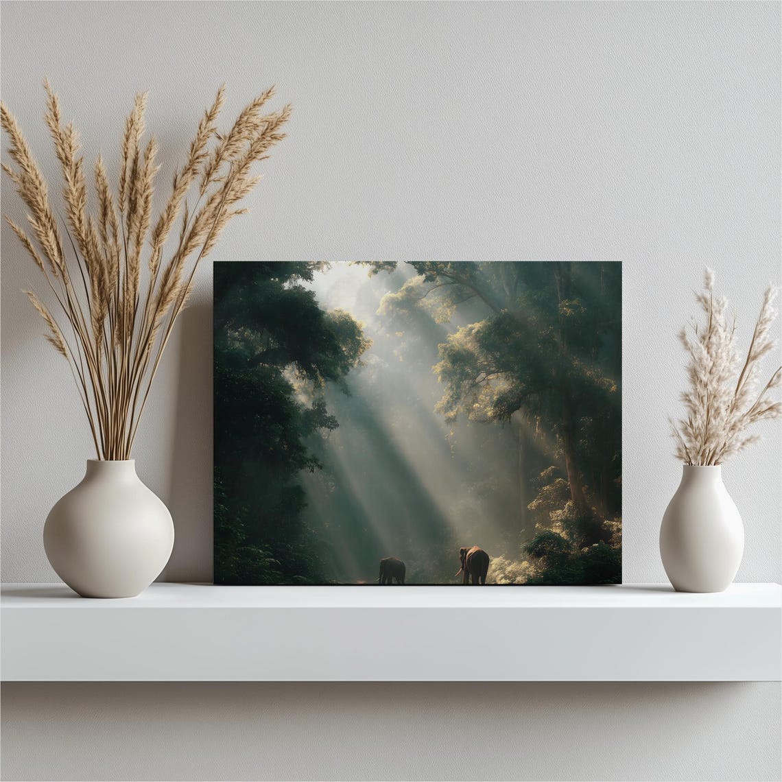 Elephants In Moody Rainforest Sunbeam Rays Wildlife Nature Wall Art