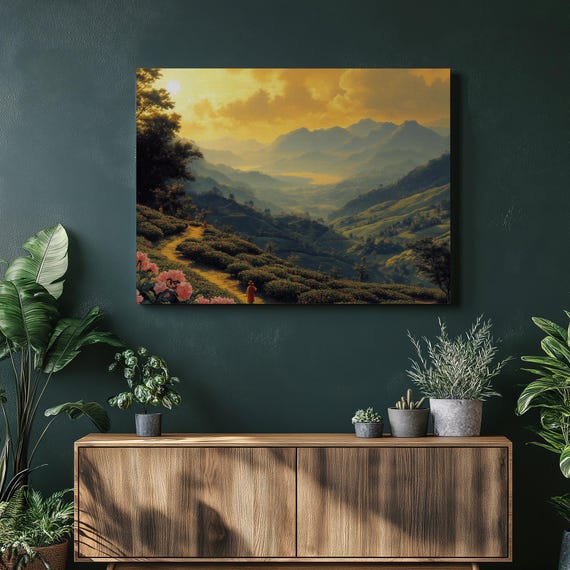 Serene Bangladesh Landscape Canvas Art Lush Green Tea Plantation Hills With Golden Sky Contemporary Wall Decor For Living Room And Bedroom
