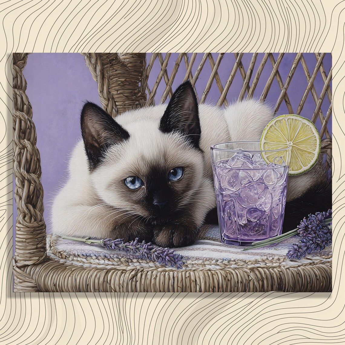 Siamese Cat With Purple Iced Drink Lavender Floral Pet Portrait Poster