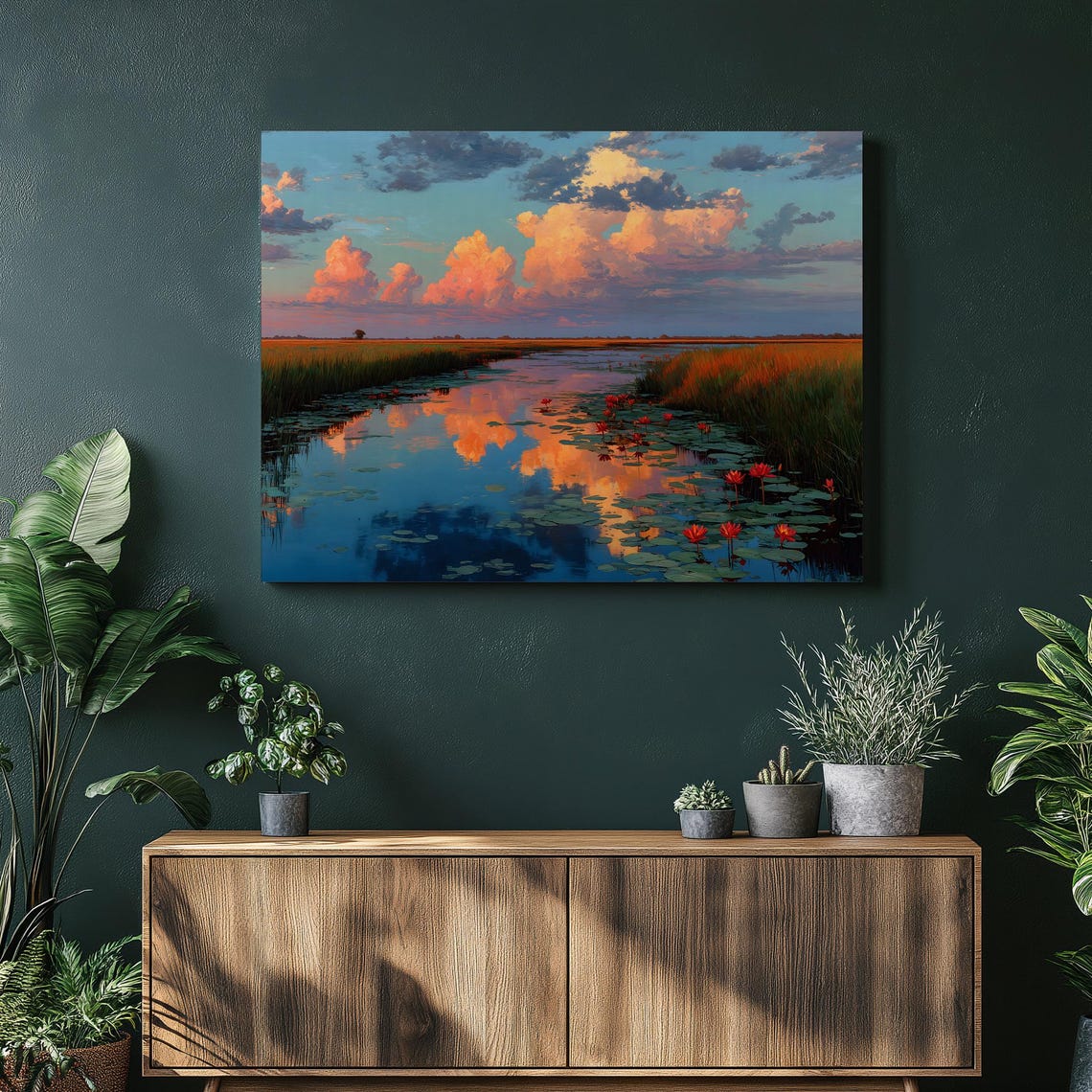 Sunset Marsh Water Lily Pond Pink Clouds Reflection Wall Art