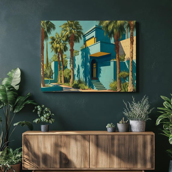 Moroccan Garden Architecture Canvas Wall Art Cobalt Blue Villa With Palm Trees And Sunlit Courtyard Steps Marrakech Landscape Print