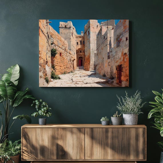 Sunlit Mediterranean Alley Canvas Wall Art Rustic Decor European Village Impressionist Street Old World Architecture Stone Sky