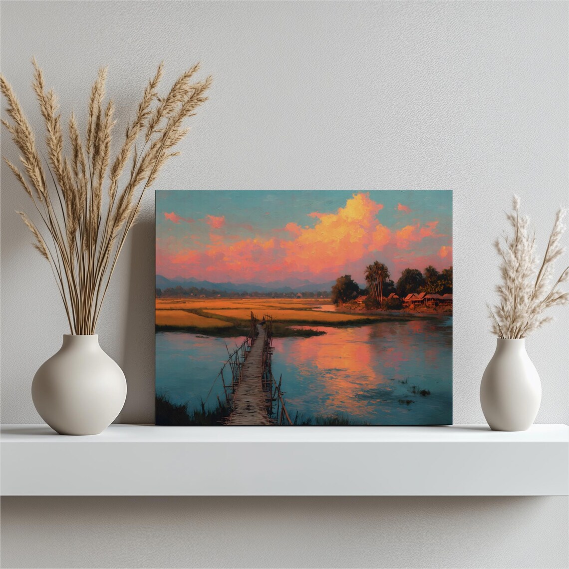 Tropical River Sunset with Bamboo Bridge and Palm Trees Poster