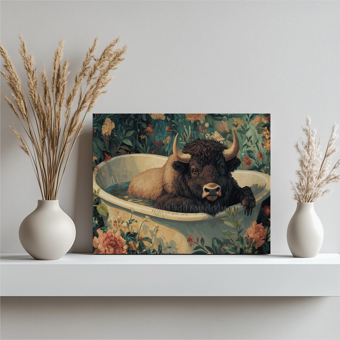 Whimsical Buffalo Soaking in Bathtub Floral Garden Art Poster