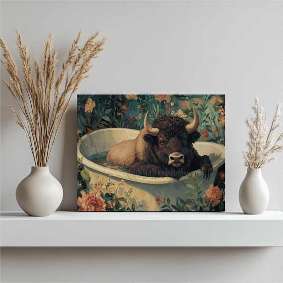 Whimsical Buffalo Art Canvas Boho Style Bison Wall Decor With Floral Print Colorful Animal For Living Room Bathroom Office
