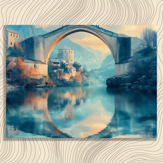 Ancient Stone Bridge Canvas Wall Art Vintage Landscape Print River Reflection Painting Historic Mountain Scene Decor Gift