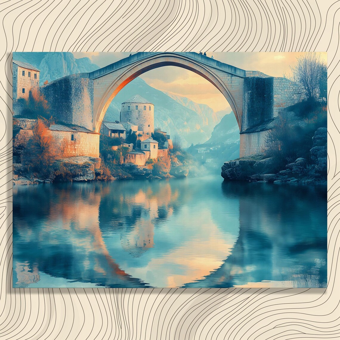 Ancient Stone Arch Bridge Scenic Turquoise River Town Poster