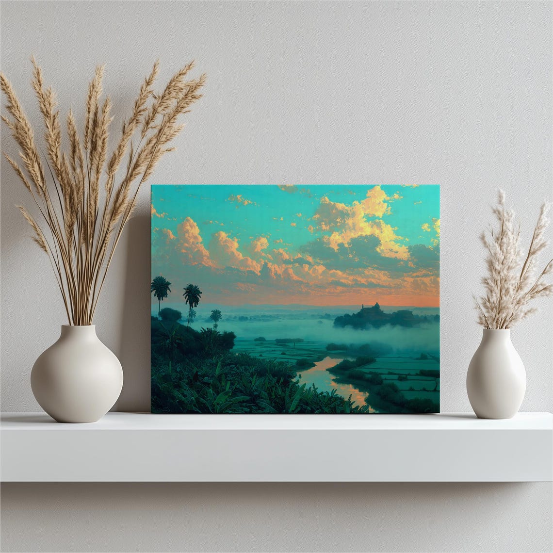 Misty Teal River Valley Dawn Palms Rice Paddies Tropical Art Print