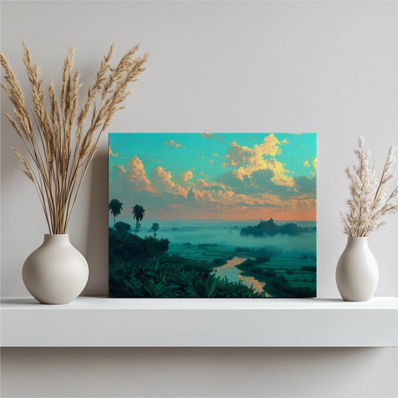 Tropical River Valley Canvas Wall Art Misty Sunrise Clouds Landscape Palm Trees Castle Scenery Coastal Vista