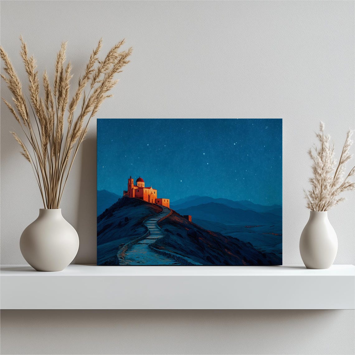 Starry Hilltop Chapel Canvas Wall Art Modern Mountain Landscape Print Night Sky Decor Painting Glowing Church Path Serene Gift