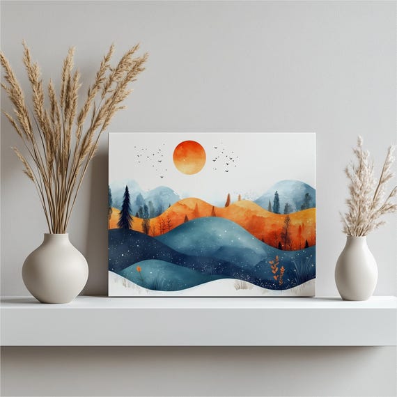 Minimalist Mountain Landscape Canvas Wall Art Watercolor Sun And Rolling Hills Nature Illustration Print Modern Boho Decor For Home