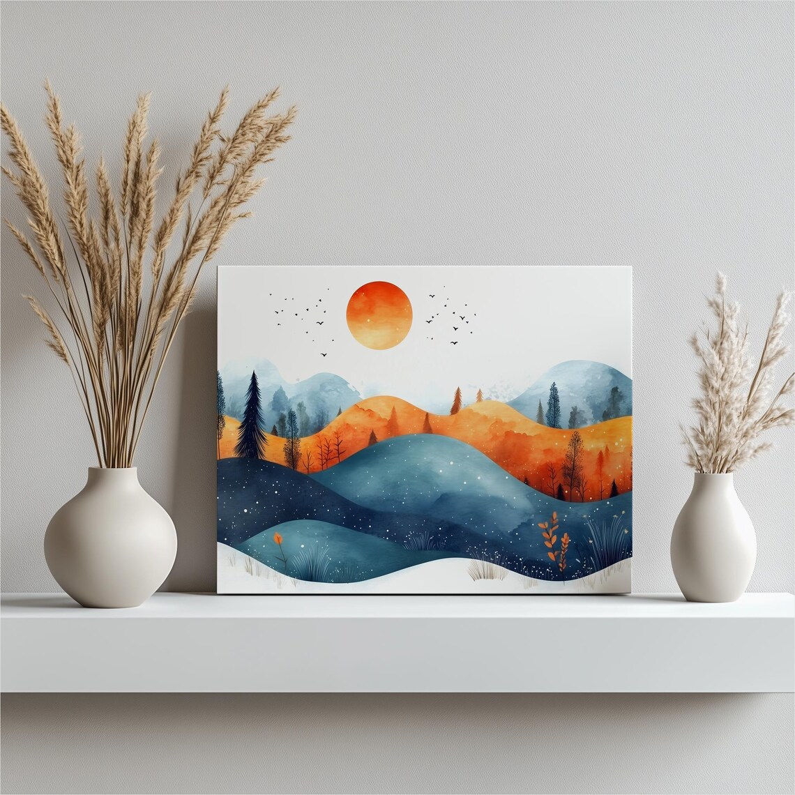 Minimalist Watercolor Mountain Landscape Orange Sun Blue Hills Print