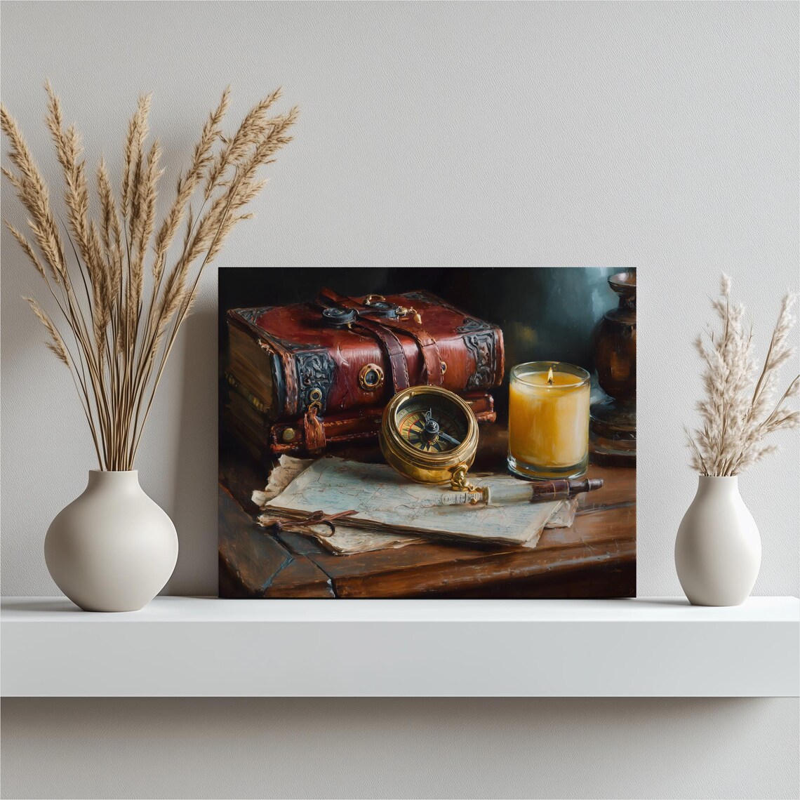 Antique Compass Vintage Leather Book Map Still Life Art Poster