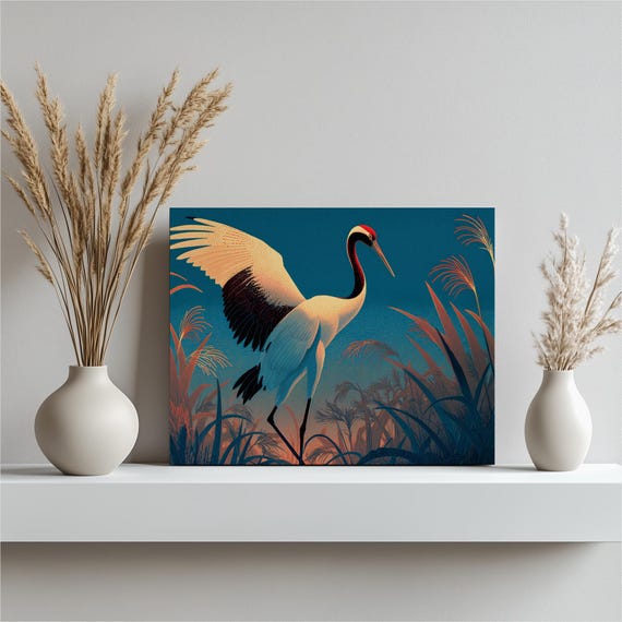 Modern Crane Canvas Wall Art Minimalist Bird Nature Decor Blue Orange Wetland Reeds Scene Wildlife Print Contemporary Painting Gift