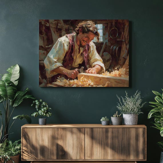Carpenter Workshop Canvas Wall Art Traditional Impressionist Painting Of Woodworker Planing Wood Hand Planer Rustic Craftsman Gift Decor
