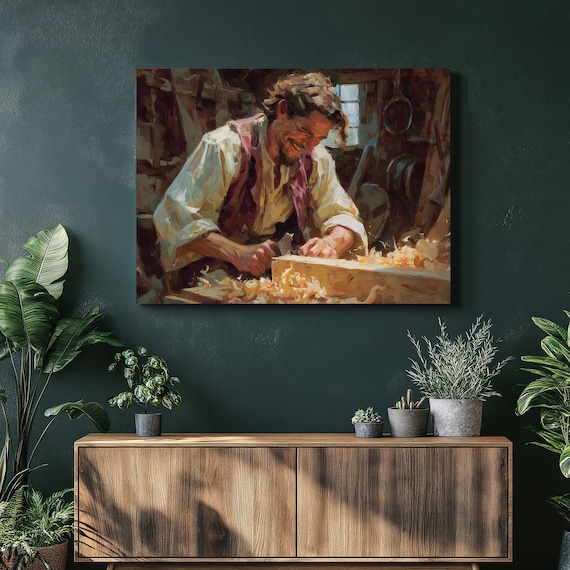 Carpenter Workshop Oil Painting Poster Woodworker Planing Wood Rustic Art