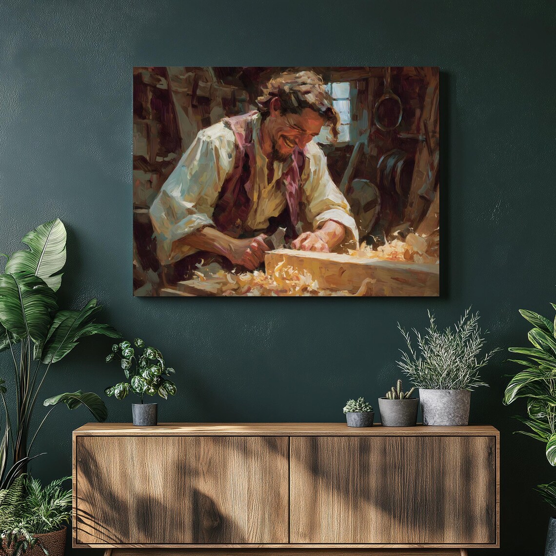 Carpenter Workshop Oil Painting Poster Woodworker Planing Wood Rustic Art