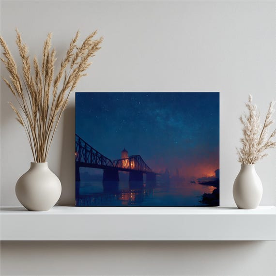 Starry Bridge Canvas Wall Art Starlit River Urban Skyline Water Reflections Contemporary Blue Orange Modern Decor Steel Truss Nightscape